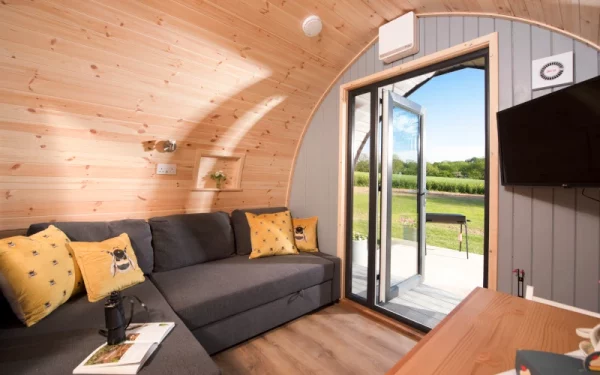 Inside of luxury glamping pod with beautiful view