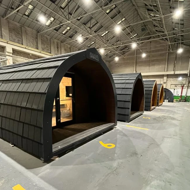 row of camping pods in our lune valley factory