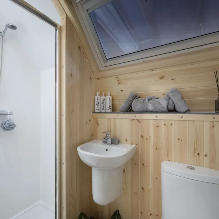 Middle Bathroom A centrally located bathroom features a walk-in shower, vanity unit, and WC, offering easy access from both the bedroom and the living area.