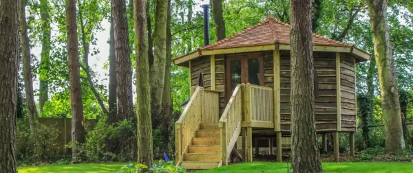 Treehouse glamping cabin with wooden stairs and surrounded by trees