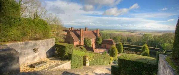 Panoramic view of Port Lympne Hotel & Reserve from the Trojan steps, overlooking gardens and countryside